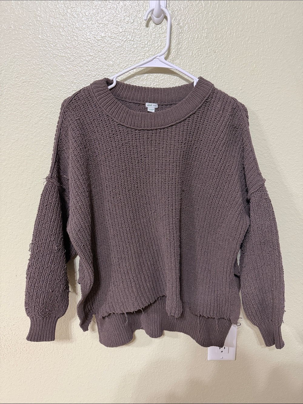 aerie Distressed Waffle Crewneck Sweater - Mauve Taupe